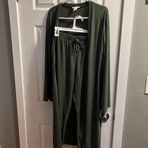 olive green lounge set. tie pj pants and knee length cardigan,soft, lightweight